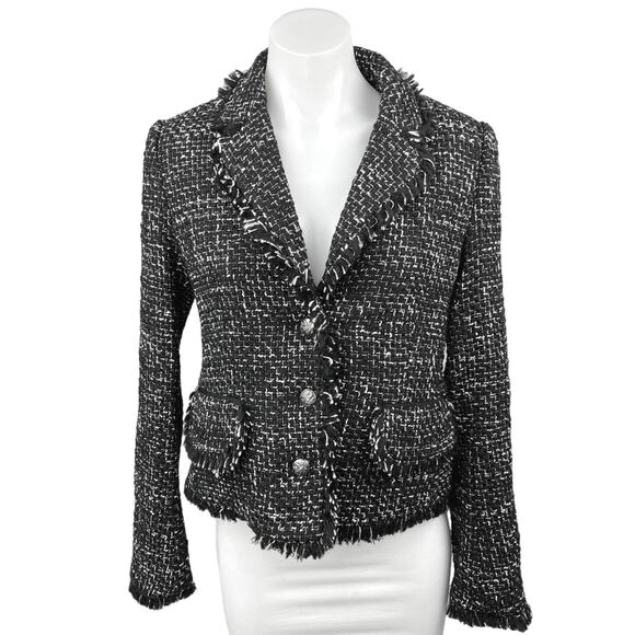NEW Argent Black Classic Tweed Fringe Button Collar Blazer Coat Jacket Black 4 - Picture 1 of 6